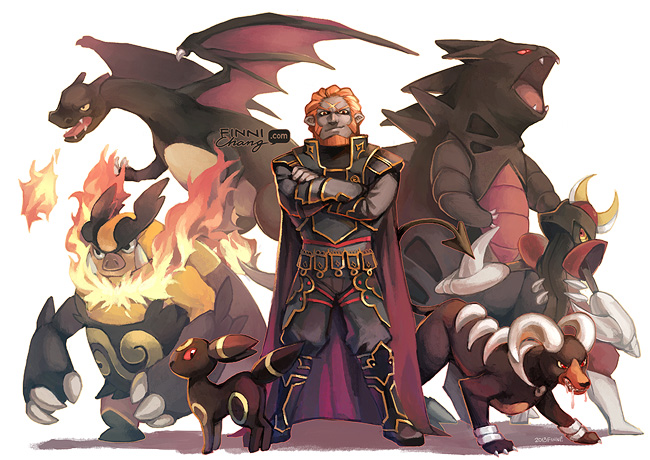 1boy, armor, beard, bisharp, charizard, creature, crossed_arms, crossover