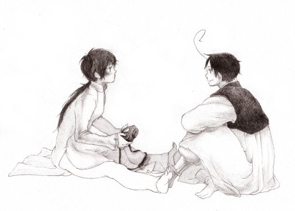 axis_powers_hetalia, barefoot, blush, child, graphite_(medium), grayscale, greyscale, knee_hug