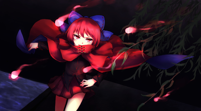1girl, blush, bow, branch, cape, hair_bow, highres, hitodama