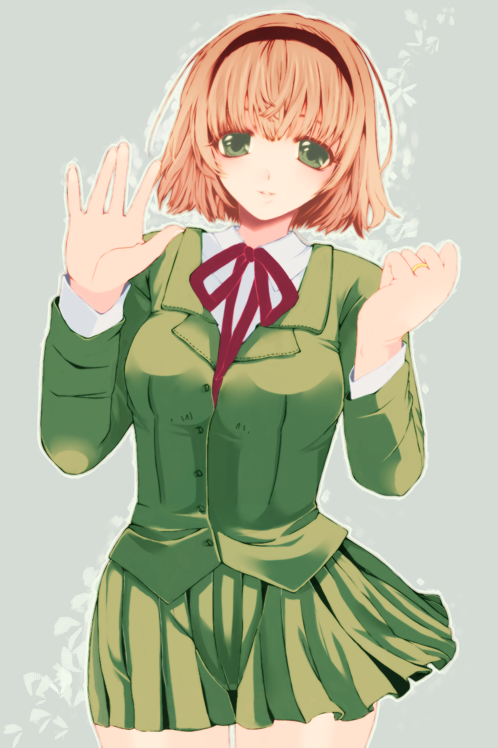 1girl, bangs, blazer, blonde_hair, eyewear_removed, female, glasses_removed, green_blazer