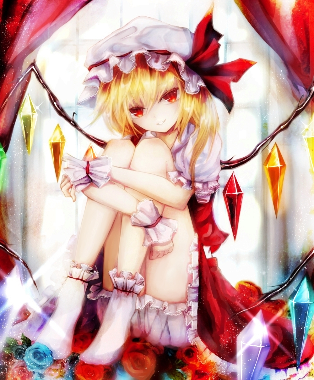 1girl, basilis9, blonde_hair, bloomers, blue_rose, curtains, dress, flandre_scarlet