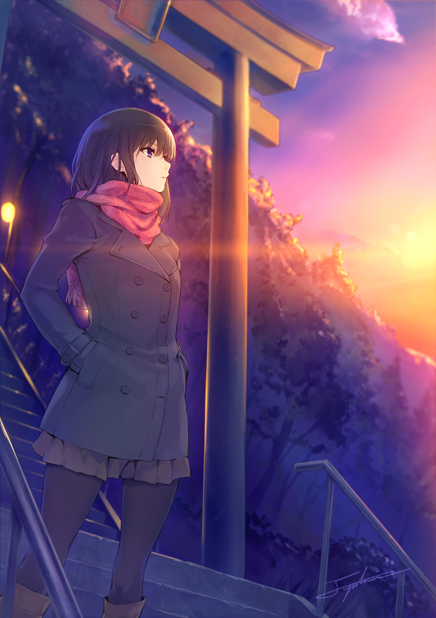 1girl, black_hair, black_legwear, blue_eyes, boots, coat, hands_in_pockets, highres