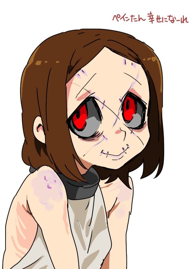 1girl, black_sclera, brown_hair, carol_(skullgirls), no_mask, painwheel_(skullgirls), red_eyes, skullgirls