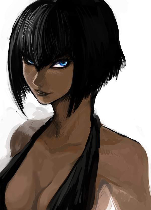 1girl, black_dress, black_hair, blue_eyes, bob_cut, breasts, cleavage, dark_skin