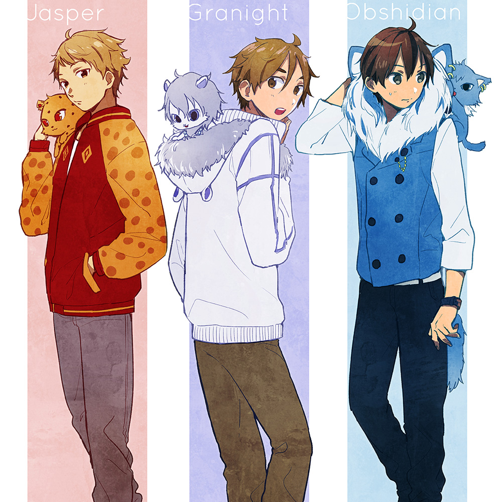 3boys, animal_ears, animal_hood, black_eyes, brown_eyes, brown_hair, cat, cat_ears
