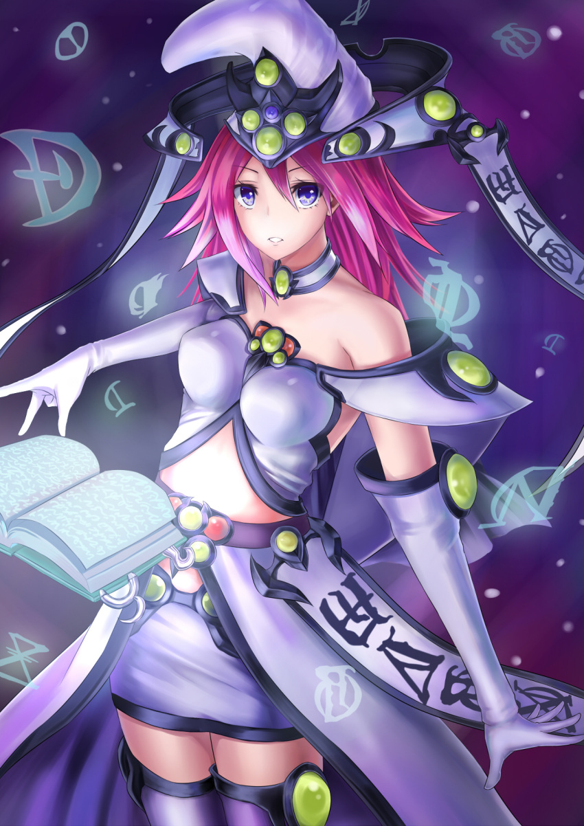 1girl, aqua_eyes, book, breasts, collar, duel_monster, elbow_gloves, gloves