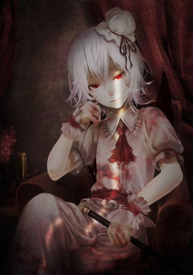 1girl, akai_kitsune, alternate_hairstyle, ascot, bat_wings, bloody_dress, bun_cover, chair