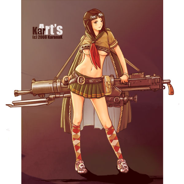 brunette, girl, gun, karanak, long_legs, machine_gun, mini_skirt, skirt