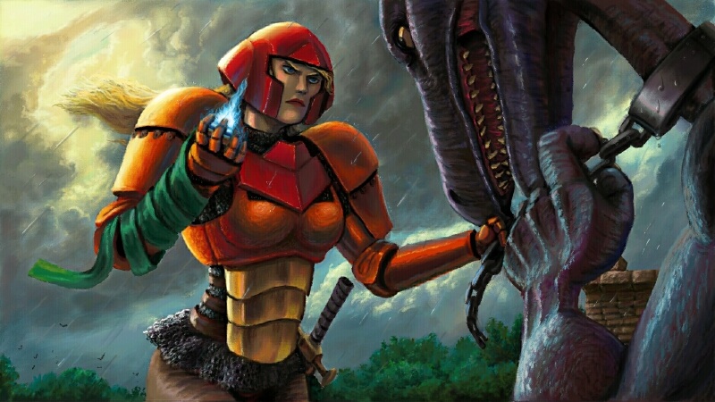 1girl, adapted_costume, bandages, blonde_hair, blue_eyes, chain, chainmail, helmet, long_hair, medieval, metroid, pauldrons, rain, ridley, samus_aran, sheath, sheathed, sword, weapon, wyvernsmasher
