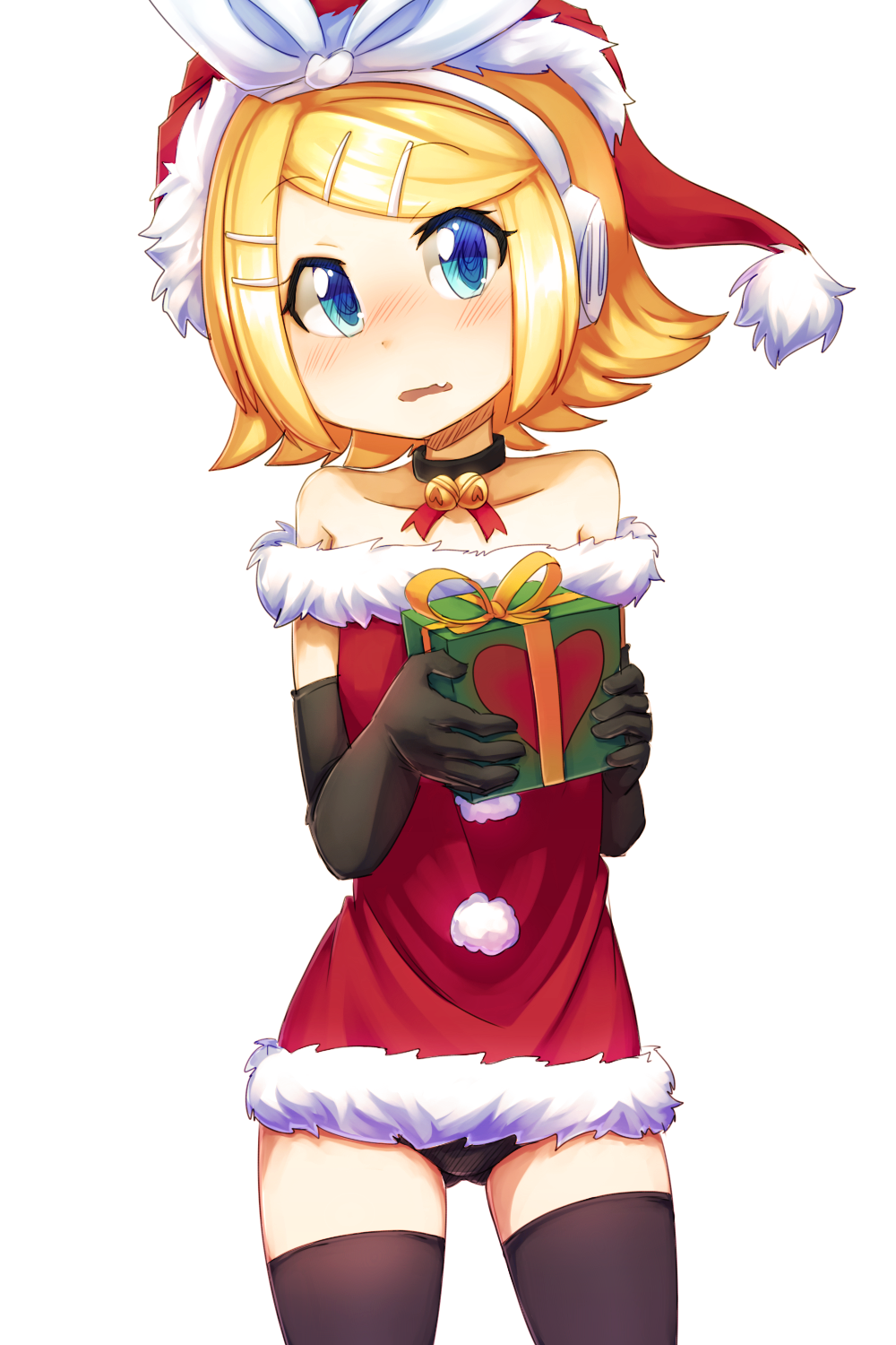 1girl, bangs, bare_shoulders, bell_choker, black_gloves, black_legwear, black_panties, blonde_hair, blue_eyes, blush, box, christmas, collaboration, dress, elbow_gloves, fang, flat_chest, gift, gift_box, gloves, hair_ornament, hairclip, hat, headphones, highres, kagamine_rin, monorus, panties, pantyshot, pantyshot_(standing), parted_bangs, rori_(4chan), santa_hat, short_dress, solo, standing, thighhighs, underwear, vocaloid