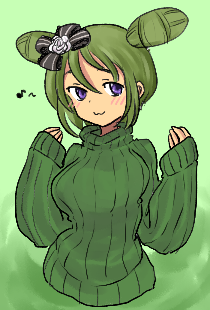 1girl, :3, blush, double_bun, drawfag, green_hair, hair_ribbon, morizono_wakana