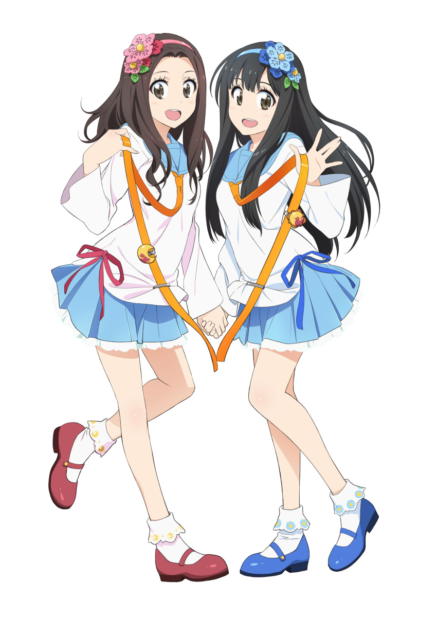 2girls, absurdres, claris, claris_(group), cosplay, eyelashes, flower, frilled_skirt, frills, full_body, hair_flower, hair_ornament, hairband, highres, holding_hands, leg_up, long_hair, looking_at_viewer, mary_janes, multiple_girls, necktie, nisekoi, official_art, open_mouth, ribbon, school_uniform, serafuku, shoes, simple_background, skirt, smile, socks, standing, standing_on_one_leg, sugiyama_nobuhiro, tie_clip, white_background