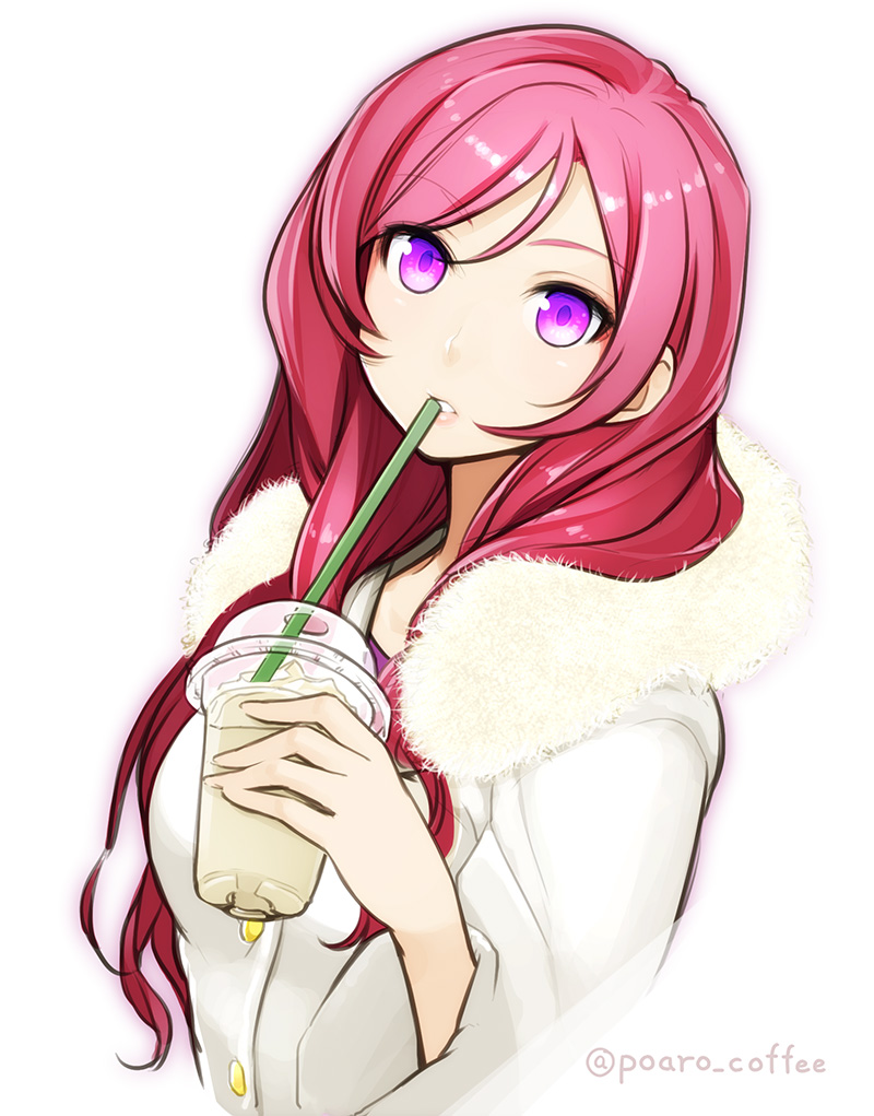 1girl, buttons, coat, coffee, cup, fur_collar, fur_trim, hair_over_shoulder