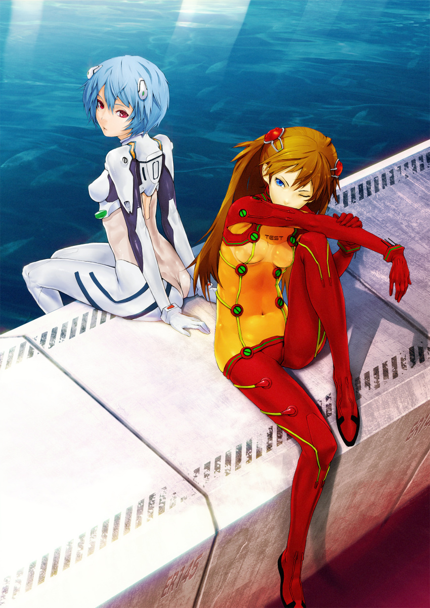 2girls, ayanami_rei, back-to-back, blue_eyes, blue_hair, bodysuit, butt_crack, duplicate