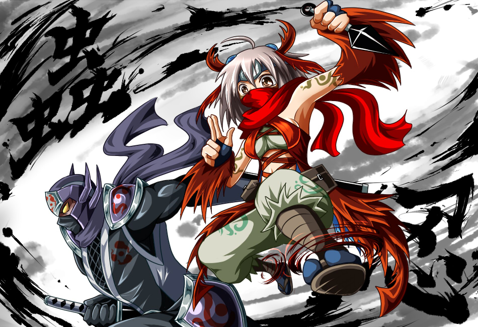 1boy, 1girl, ahoge, armor, armpits, breasts, duel_monster, fingerless_gloves