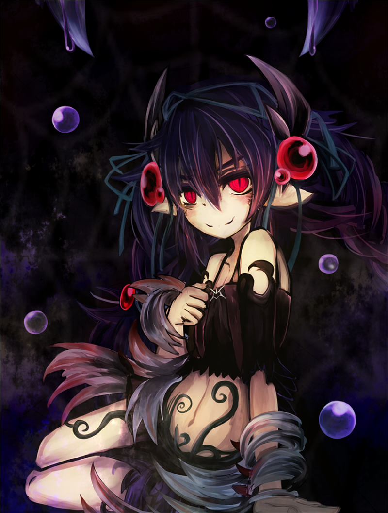 1girl, black_hair, duel_monster, horns, looking_at_viewer, midriff, pointy_ears, red_eyes, rk925, sitting, slit_pupils, smile, solo, traptrix_atrax, yuu-gi-ou