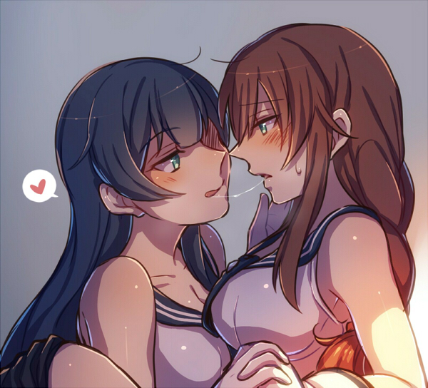 2girls, agano_(kantai_collection), aqua_eyes, bare_shoulders, black_hair, blush, breasts, brown_hair