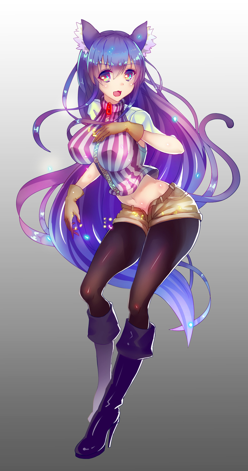 1girl, :3, animal_ears, black_legwear, blush, boots, breasts, brown_gloves, cat_ears, cat_tail, character_request, fang, gloves, gradient, gradient_background, gradient_eyes, highres, knee_boots, large_breasts, long_hair, midriff, multicolored_eyes, navel, open_mouth, pantyhose, purple_hair, qin, short_shorts, shorts, simple_background, smile, solo, striped, tail, unzipped, violet_eyes, zipper