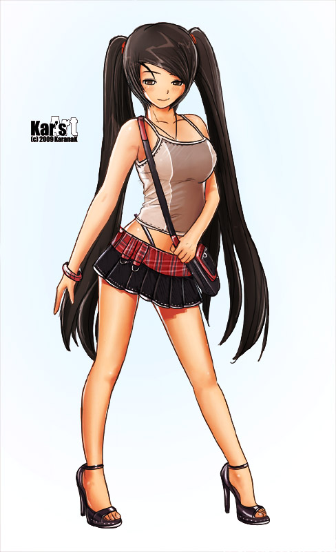 bag, bare_shoulders, black_hair, bracelet, breasts, camisole, girl, high_heels, jewelry, karanak, legs, long_hair, long_legs, maiko, mini_skirt, miniskirt, pleated_skirt, purse, shoes, skirt, solo, top, twintails, version