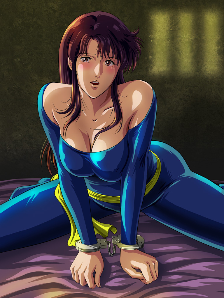 1girl, blush, breasts, brown_eyes, brown_hair, cat's_eye, cuffs, handcuffs