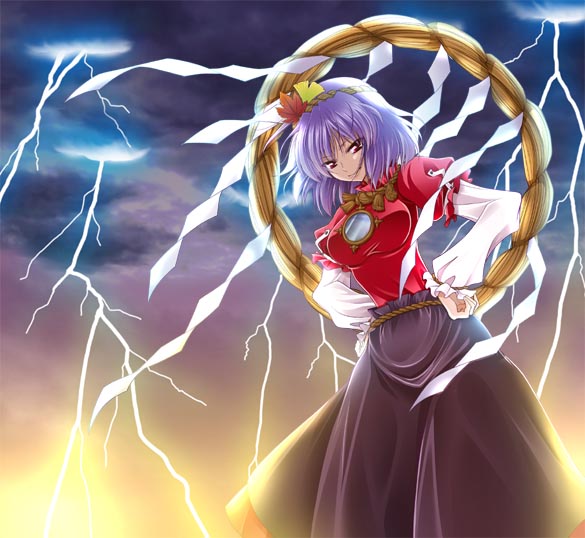 hands_on_hips, lightning, long_skirt, nabepro, purple_hair, red_eyes, rope, shide