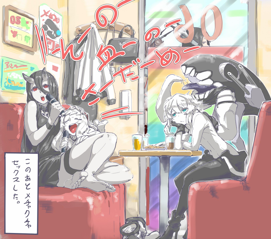 5girls, airfield_hime, barefoot, battleship-symbiotic_hime, black_hair, booth, chin_rest, closed_eyes