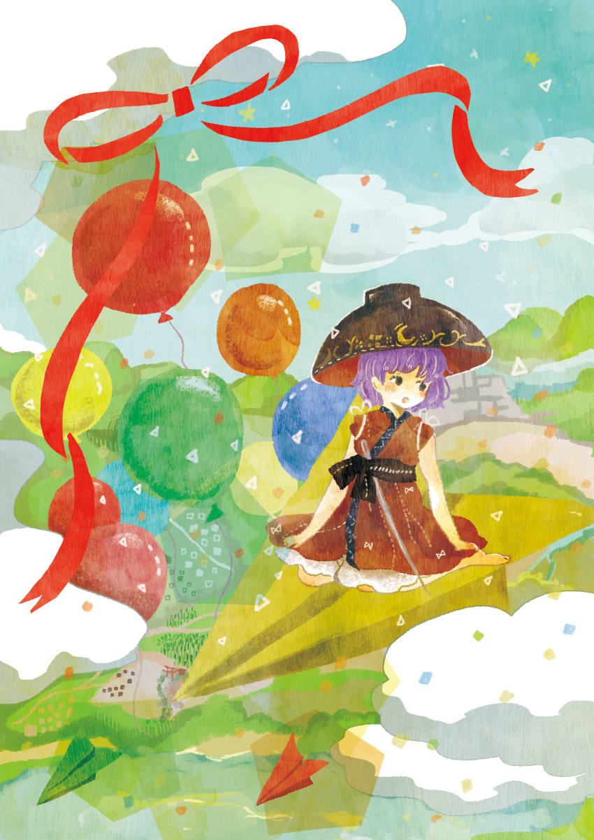 1girl, absurdres, balloon, barefoot, blush, bowl, clouds, hat, highres, japanese_clothes, kimono, minigirl, needle, onigiri_(ginseitou), paper_airplane, purple_hair, ribbon, short_hair, sitting, solo, sukuna_shinmyoumaru, torii, touhou, triangle, wariza