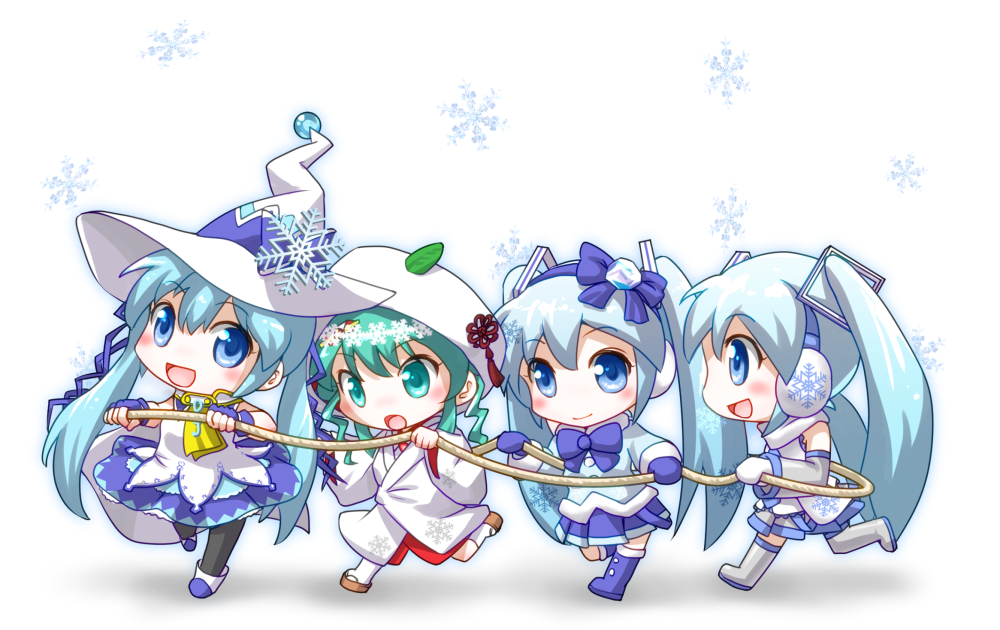 4girls, aqua_hair, blue_eyes, boots, cape, chibi, detached_sleeves, earmuffs, fingerless_gloves, gloves, green_eyes, green_hair, hat, hatsune_miku, japanese_clothes, kimono, leaf, magical_girl, mittens, multiple_girls, open_mouth, pantyhose, skirt, snowflakes, twintails, uchikake, vocaloid, witch_hat, yagi_gojou, yuki_miku