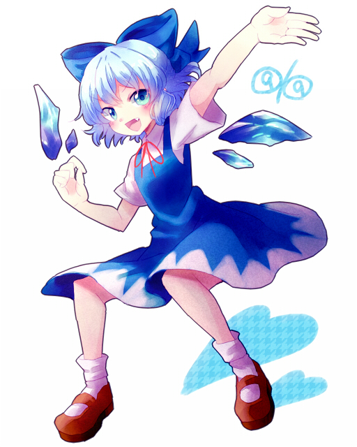 (9), 1girl, arm_up, blue_dress, blue_eyes, blue_hair, bow, cirno, dress, hair_bow, ice, shoes, short_hair, smile, socks, solo, touhou, white_background, yoriyomo
