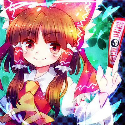 1girl, between_fingers, brown_eyes, brown_hair, hair_tubes, hakurei_reimu, lowres, neckerchief