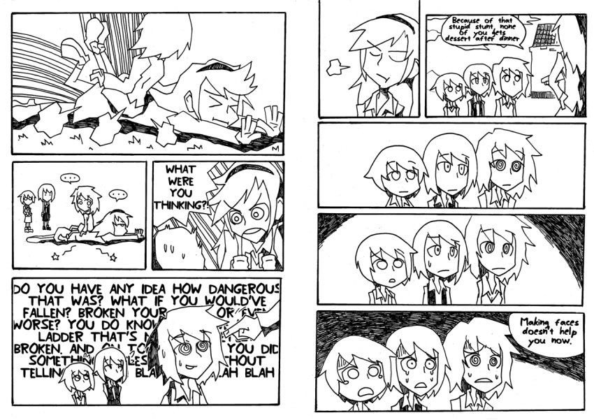 4girls, al_bhed_eyes, comic, crying, english, layla_prismriver, left-to-right_manga, lunasa_prismriver, lyrica_prismriver, merlin_prismriver, monochrome, multiple_girls, pointing, pout, scolding, setz, sweat, tears, touhou