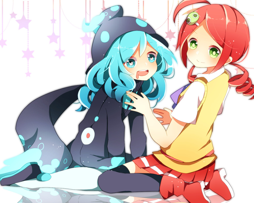 1boy, 1girl, ahoge, andou_ringo, aqua_eyes, aqua_hair, black_legwear, character_hair_ornament
