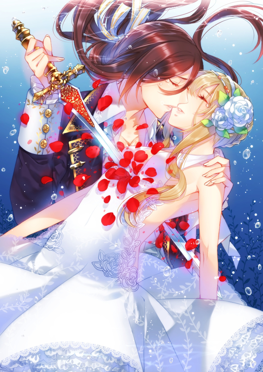 2girls, blonde_hair, braid, brown_hair, bubble, carrying, closed_eyes, collared_shirt
