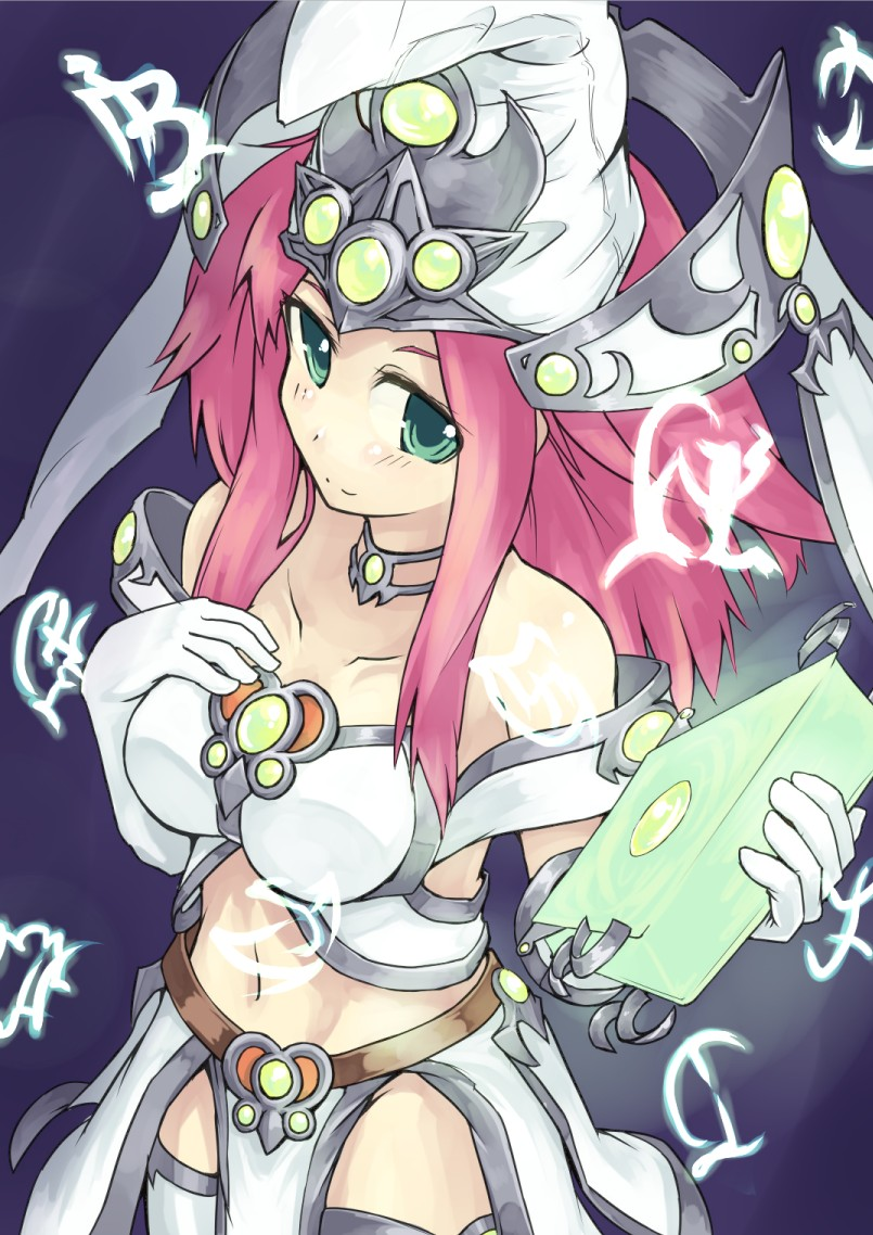 1girl, book, breasts, collar, duel_monster, elbow_gloves, gloves, green_eyes