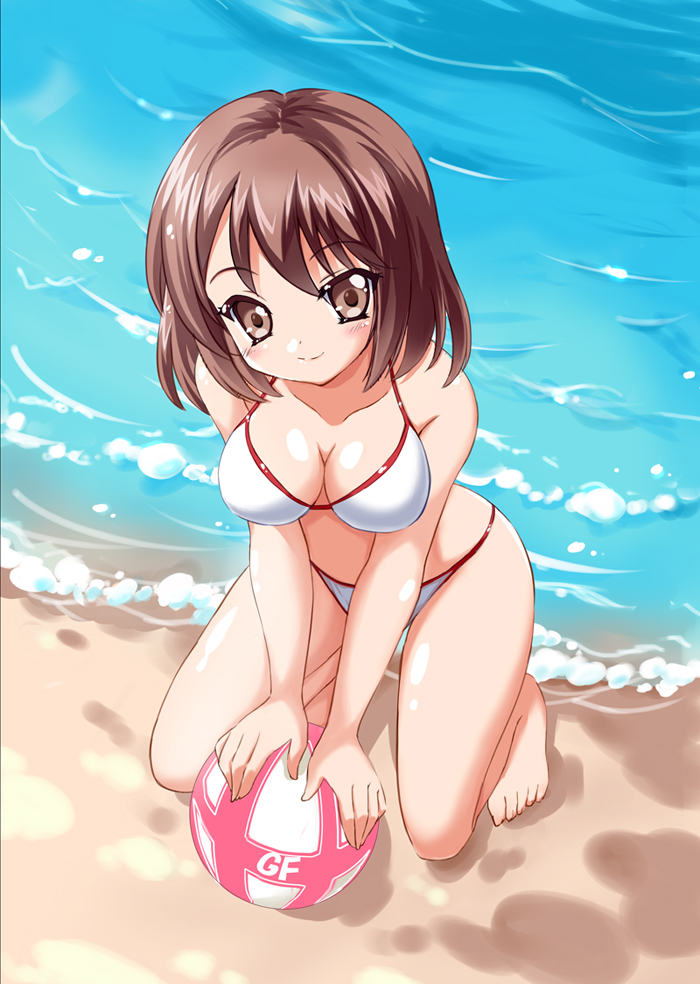 1girl, ball, beach, bikini, brown_eyes, brown_hair, girlfriend_(kari), kenkou_toshikou