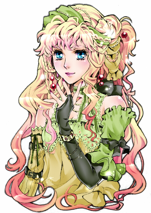 1girl, blonde_hair, blue_eyes, bridal_gauntlets, hair_ornament, lipstick, long_hair, macross, macross_frontier, makeup, nail_polish, sheryl_nome, simple_background, solo, tamari_(flawless)