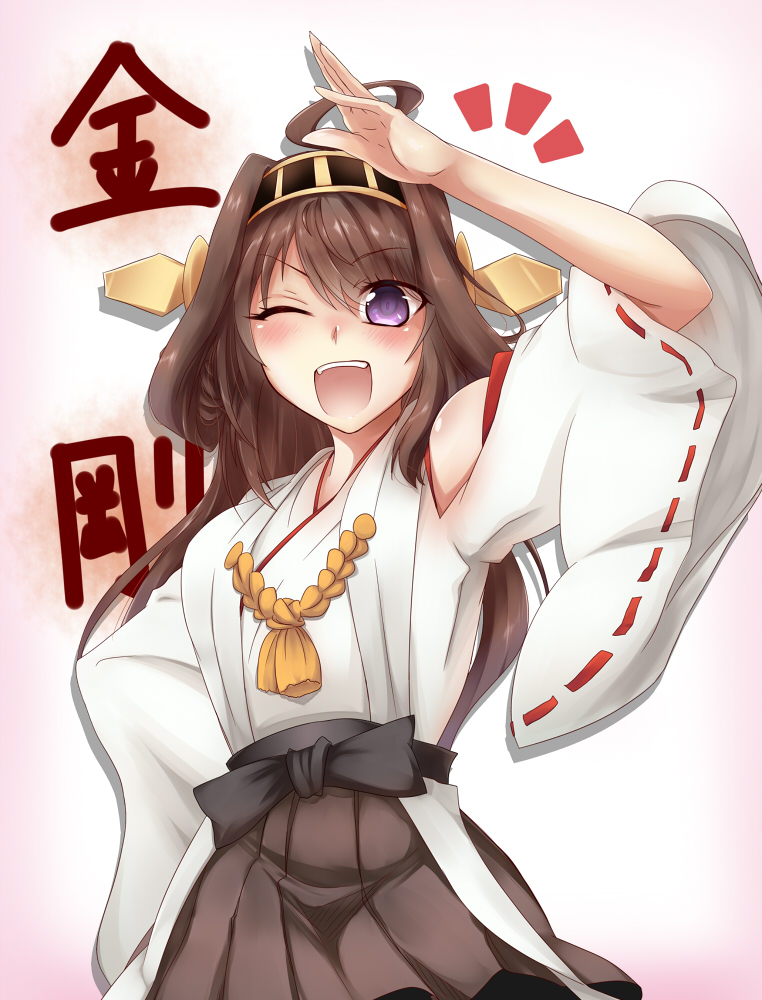 1girl, :p, bare_shoulders, blush, brown_hair, detached_sleeves, double_bun, hair_ornament