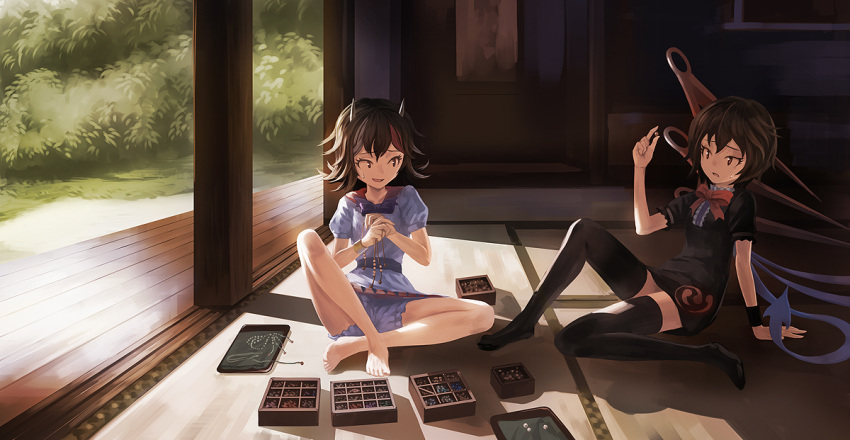 2girls, asymmetrical_wings, black_hair, black_legwear, bloomers, blush, bracelet, bush, crafting, dress, horns, houjuu_nue, indoors, jewelry, kijin_seija, multicolored_hair, multiple_girls, open_mouth, red_eyes, redhead, scroll, short_hair, short_sleeves, sitting, skirt, sweatdrop, tatami, thigh-highs, touhou, underwear, wings, yamamomo2001, zettai_ryouiki