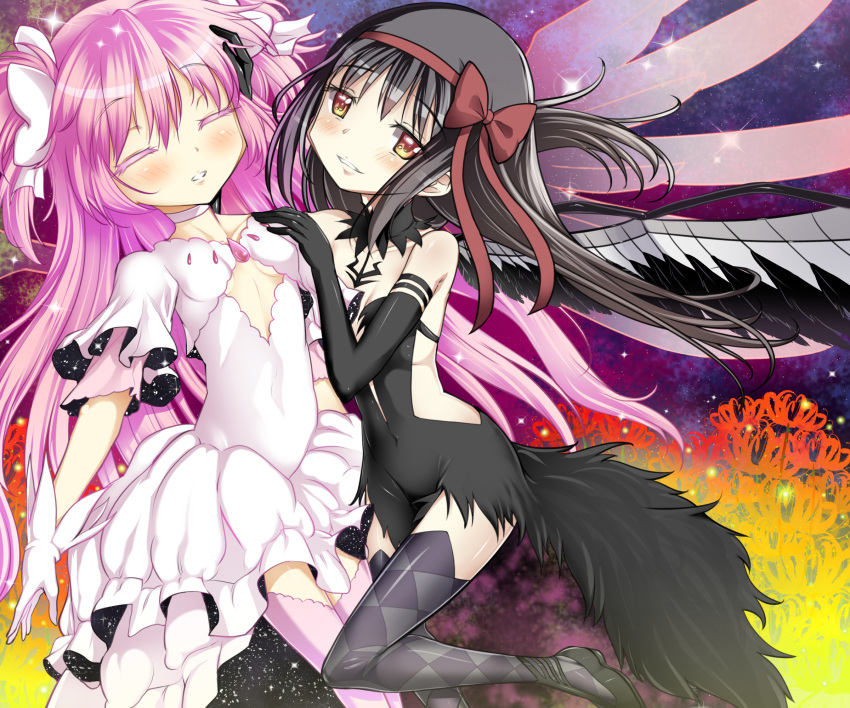 2girls, ^_^, akemi_homura, akuma_homura, argyle, argyle_legwear, black_dress, black_hair