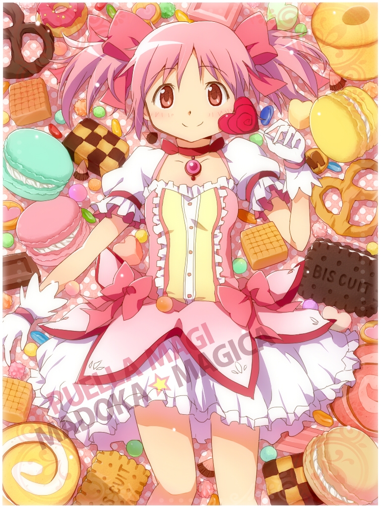 1girl, candy, cookie, copyright_name, food, gloves, hair_ribbon, kaname_madoka, lollipop, looking_at_viewer, macaron, mahou_shoujo_madoka_magica, pastry, pink_eyes, pink_hair, pretzel, ribbon, shiomiya_(moshimoshi102), short_hair, skirt, smile, solo, twintails, white_gloves