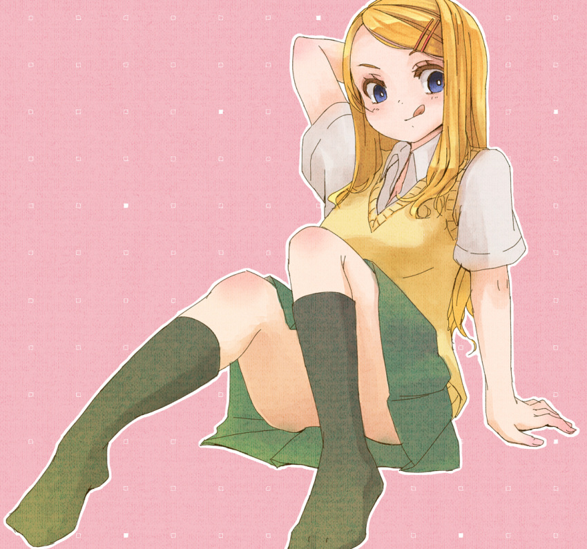 1girl, :p, alternate_costume, blonde_hair, blue_eyes, contemporary, hair_ornament, hairpin, kneehighs, long_hair, no_shoes, paladin_(sekaiju), pepeko, school_uniform, sekaiju_no_meikyuu, shirt, short_sleeves, sitting, skirt, smile, solo, sweater_vest, tongue, upskirt