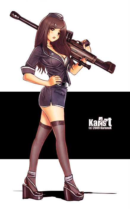 brown_hair, brunette, cleavage, grenade, grenade_launcher, gun, high_heels, karanak