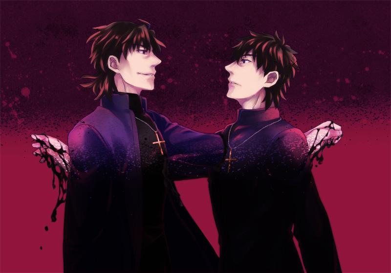 2boys, black_blood, brown_eyes, brown_hair, cross, cross_necklace, dual_persona, fate/stay_night