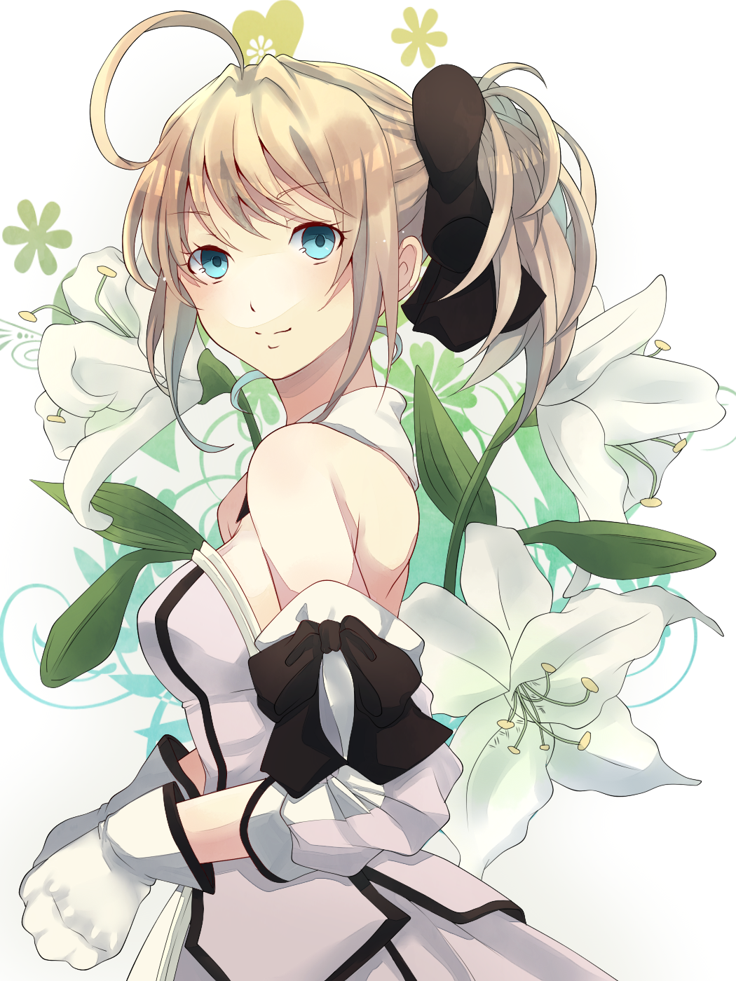 1girl, ahoge, bare_shoulders, blonde_hair, blue_eyes, detached_sleeves, fate/unlimited_codes, fate_(series)