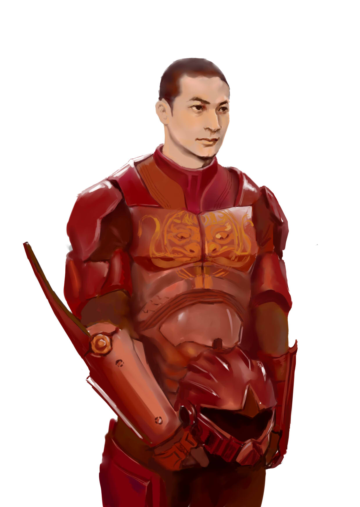 1boy, armor, cheung_wei_tang, chinese, drivesuit, helmet, highres, pacific_rim, realistic, science_fiction, short_hair, simple_background, solo