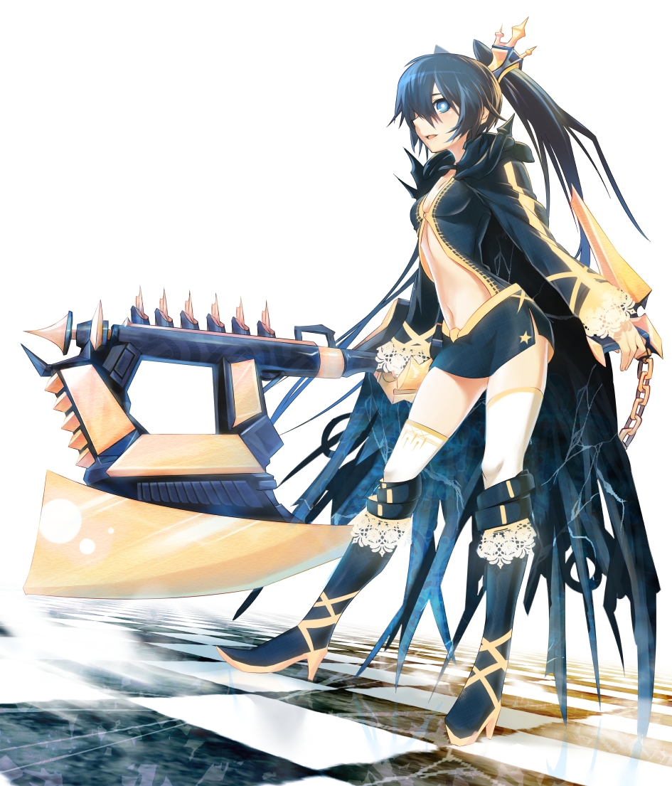 1girl, axe, black_hair, black_rock_shooter, black_rock_shooter_(character), blue_eyes, chain, checkered