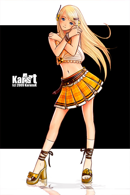 blonde_hair, blue_eyes, earphones, high_heels, karanak, legs, long_hair, long_legs, midriff, mini_skirt, miniskirt, music, original, pleated_skirt, sandals, shoes, skirt, solo, yellow