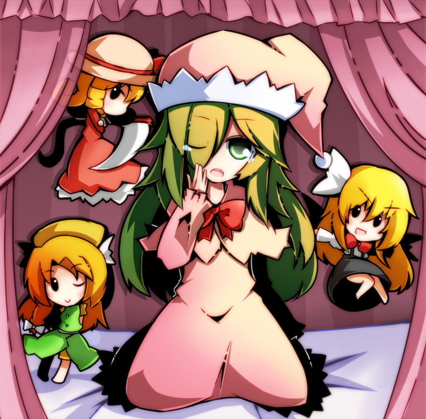 4girls, bed, black_eyes, blonde_hair, bow, chibi, elly, green_eyes