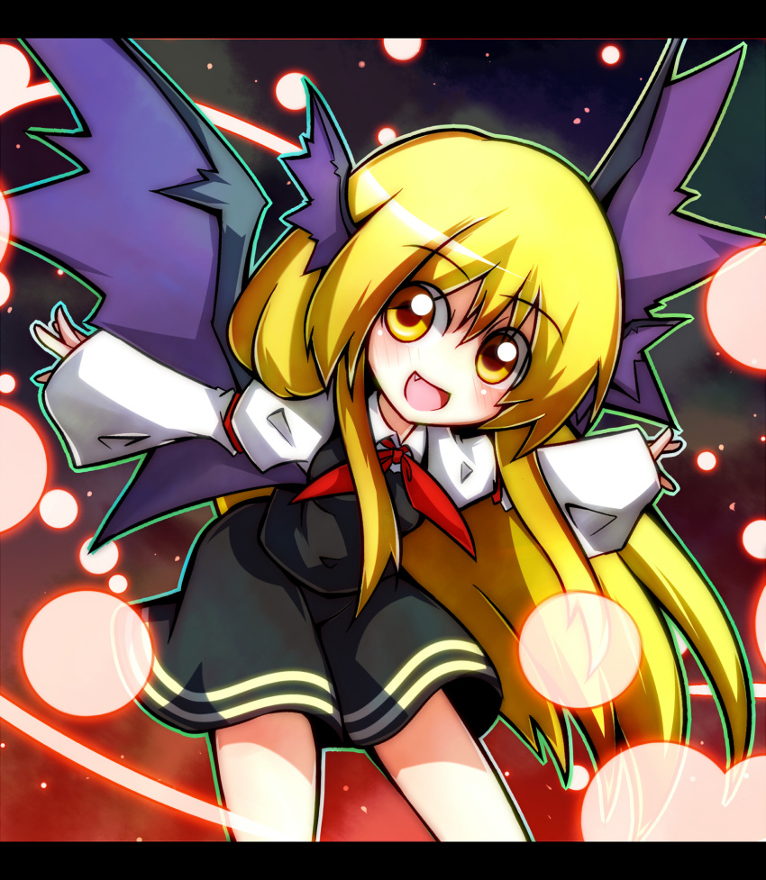 1girl, bat_wings, blonde_hair, danmaku, fang, head_wings, highres, kurumi_(touhou)