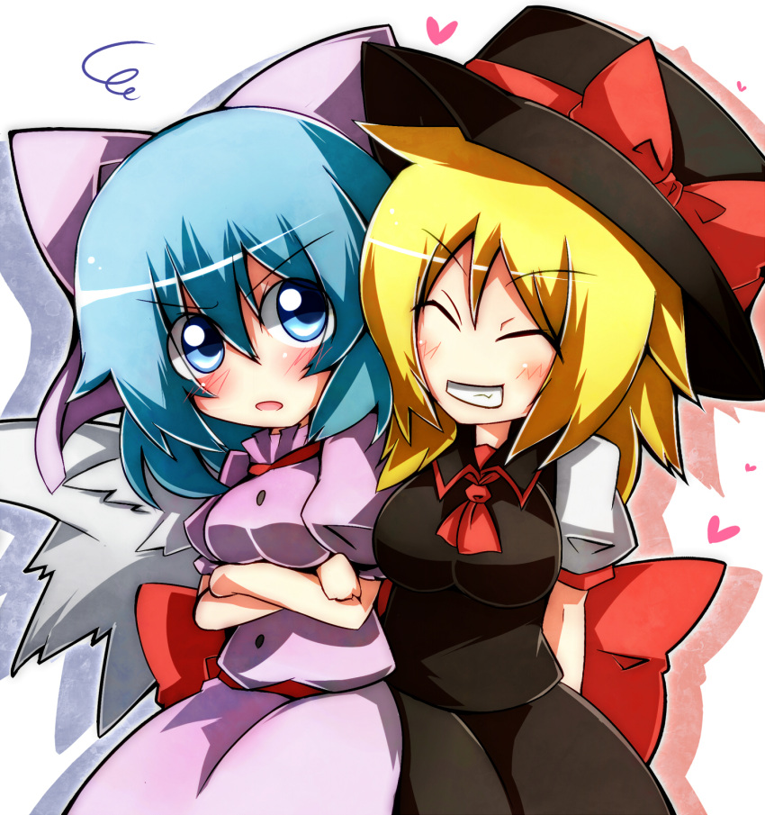 1girl, blonde_hair, blue_eyes, blue_hair, blush, bow, closed_eyes, grin